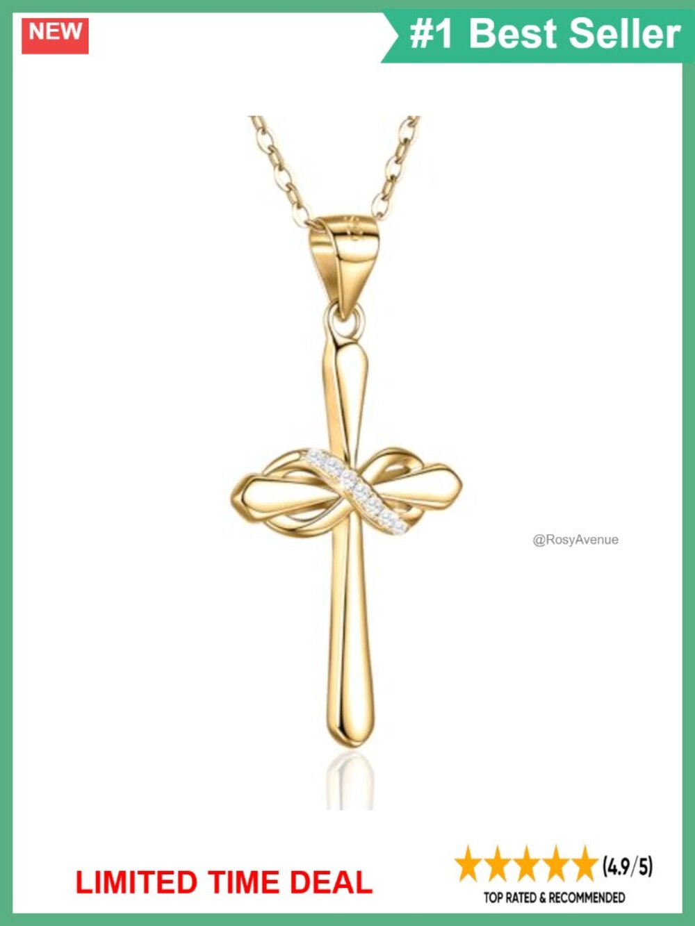 925 Sterling Silver Infinity Cross Pendant Necklace 14k Gold Plated